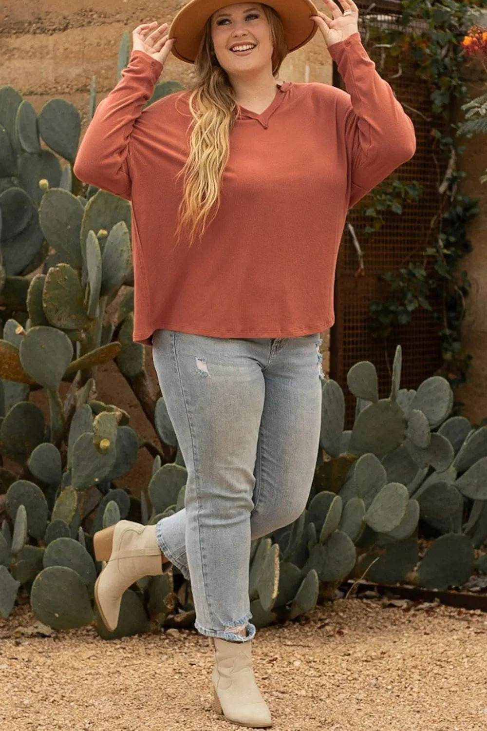 Plus Size Notched Long Sleeve T-Shirt - IntuitiveEncBoutique