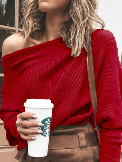 Full Size One-Shoulder Ribbed Sweater Plus Size - IntuitiveEncBoutique