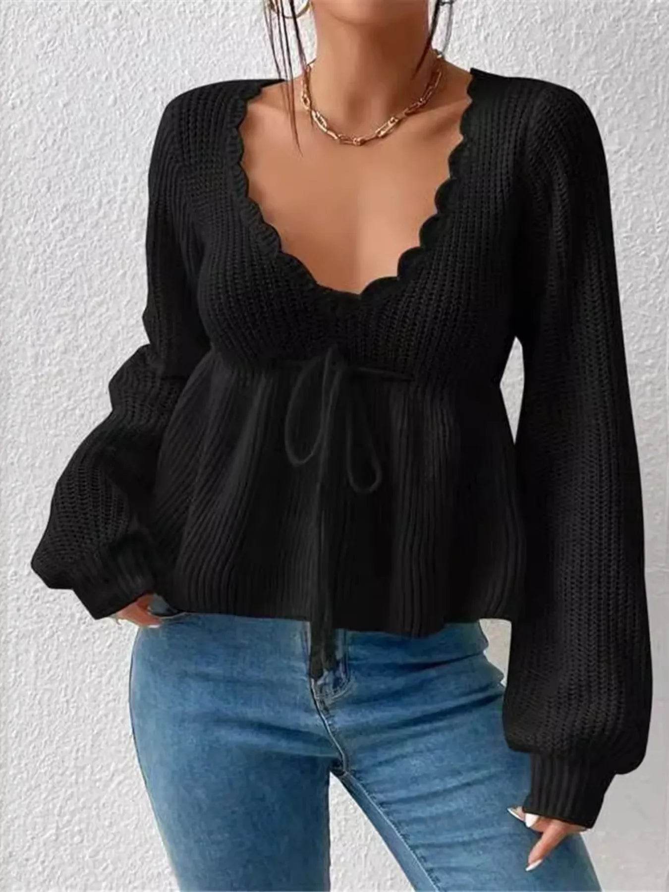 Scalloped V-Neck Drawstring Knit Top - IntuitiveEncBoutique