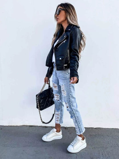 Full Size Zip Up Leather Motorcycle Biker Jacket Plus Size - IntuitiveEncBoutique