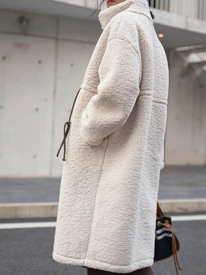 Plus Size Drawstring Zip Up Turtleneck Sherpa Coat - IntuitiveEncBoutique