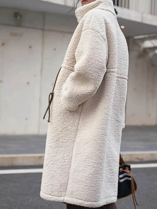 Plus Size Drawstring Zip Up Turtleneck Sherpa Coat - IntuitiveEncBoutique