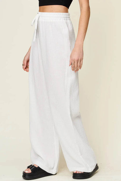 Double Take Full Size Texture Drawstring Wide Leg Pants - IntuitiveEncBoutique