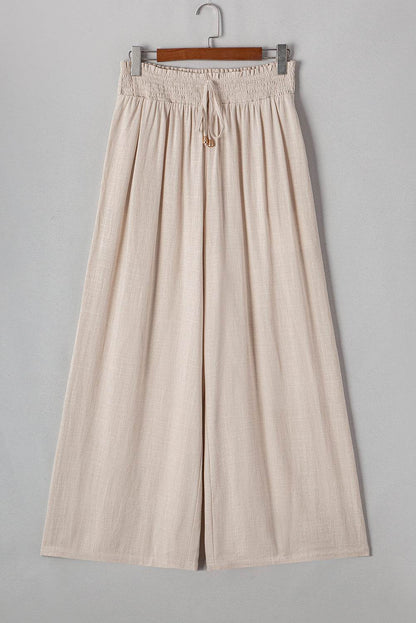 Beige Smocked High Waist Wide Leg Plus Size Pants - IntuitiveEncBoutique