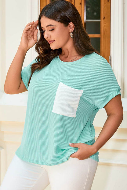 Light Blue Twisted Rib Contrast Pocket Knit Crew Neck Plus Size T Shirt - IntuitiveEncBoutique