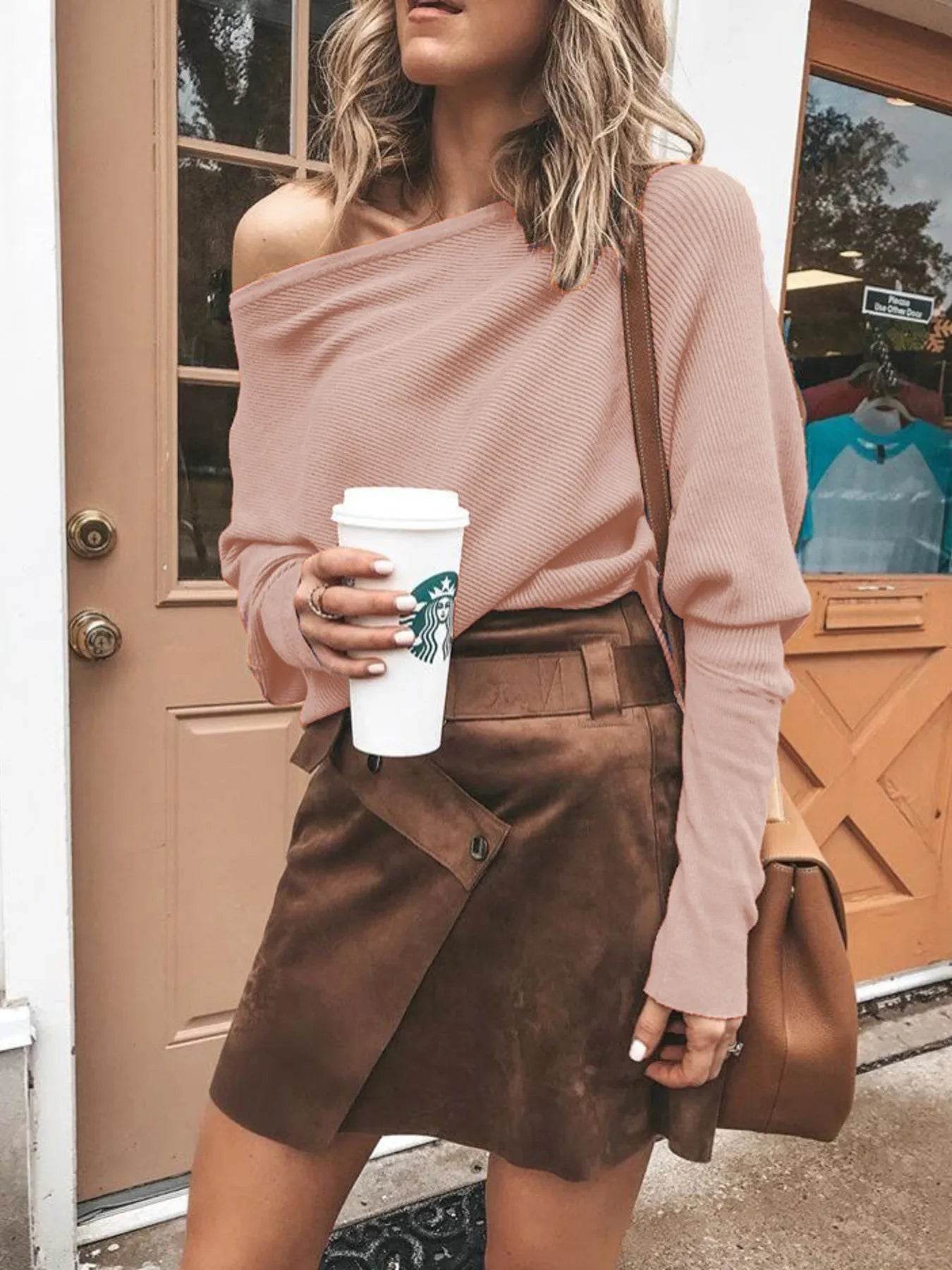 Full Size One-Shoulder Ribbed Sweater Plus Size - IntuitiveEncBoutique