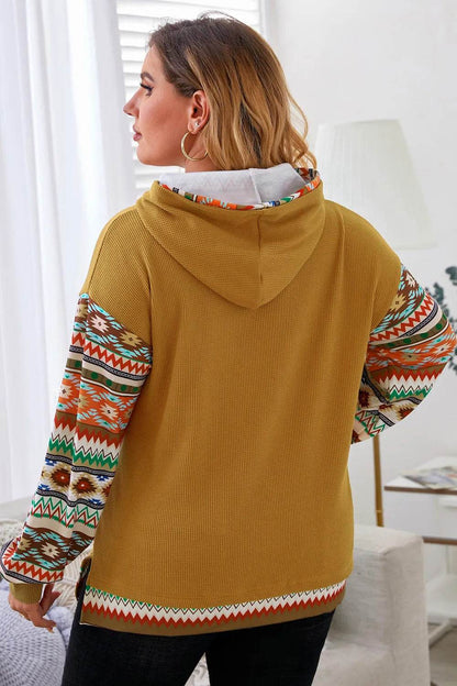 Plus Size Waffle-Knit Geometric Dropped Shoulder Hoodie - IntuitiveEncBoutique