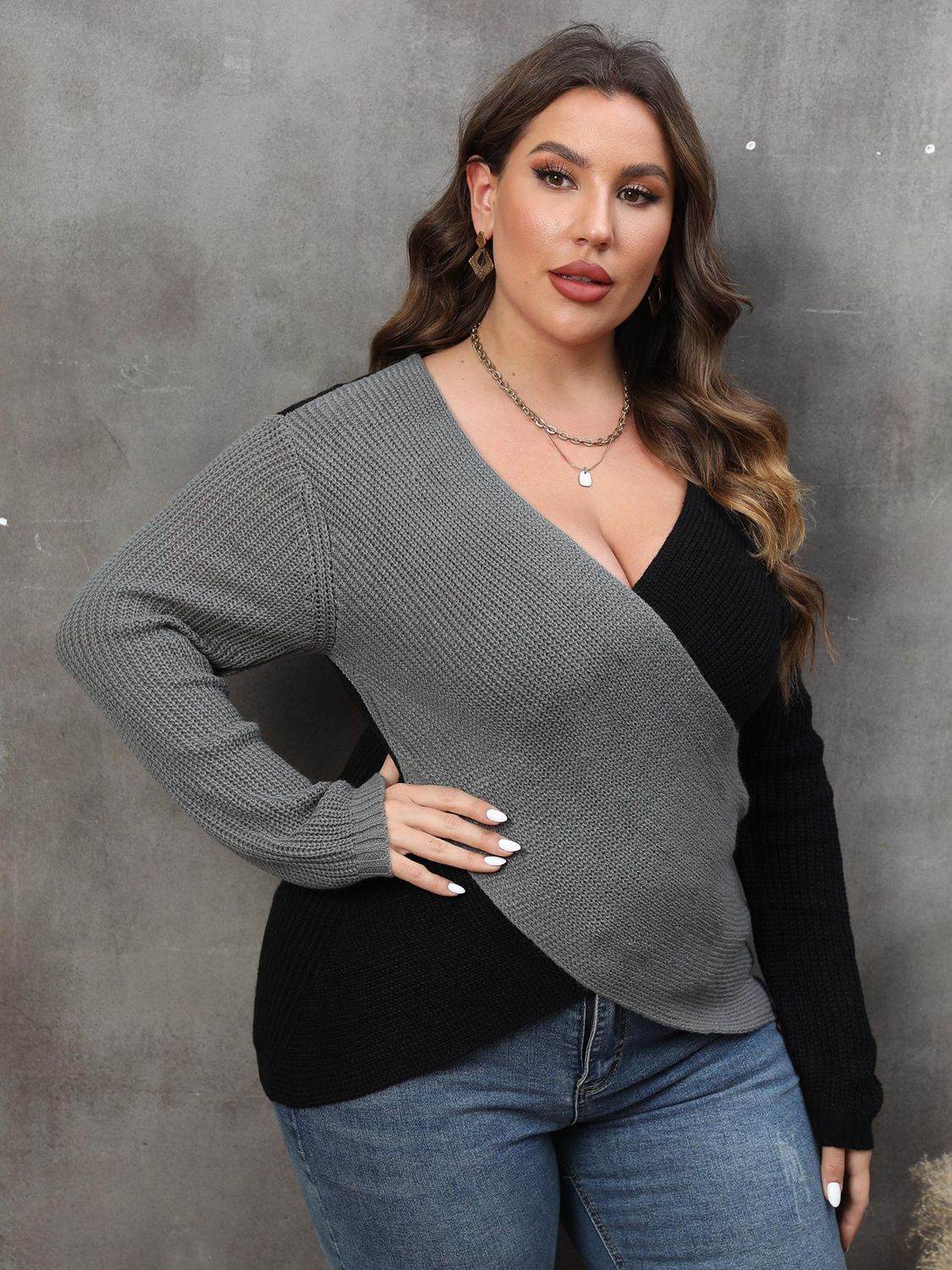 Plus Size Two-Tone Surplice Neck Sweater - IntuitiveEncBoutique