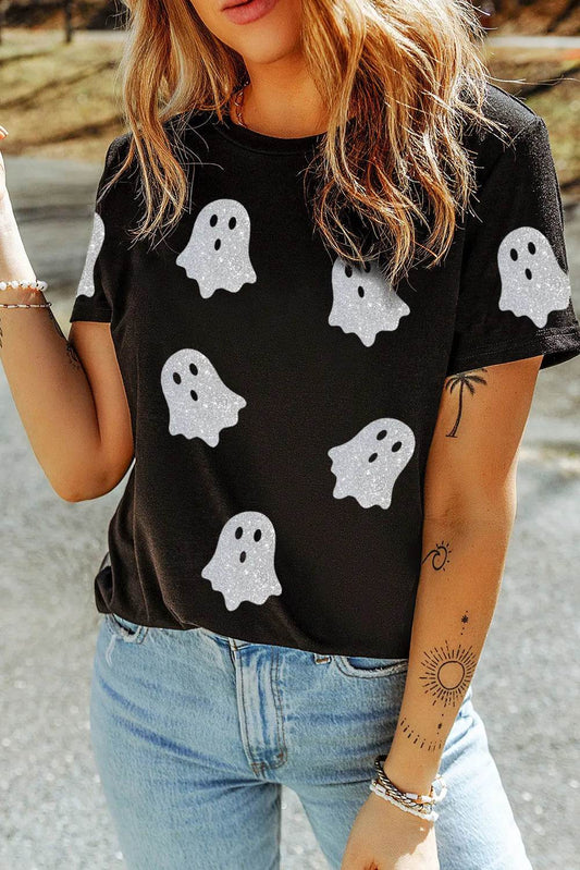 Glitter Ghost Round Neck Short Sleeve T-Shirt - IntuitiveEncBoutique