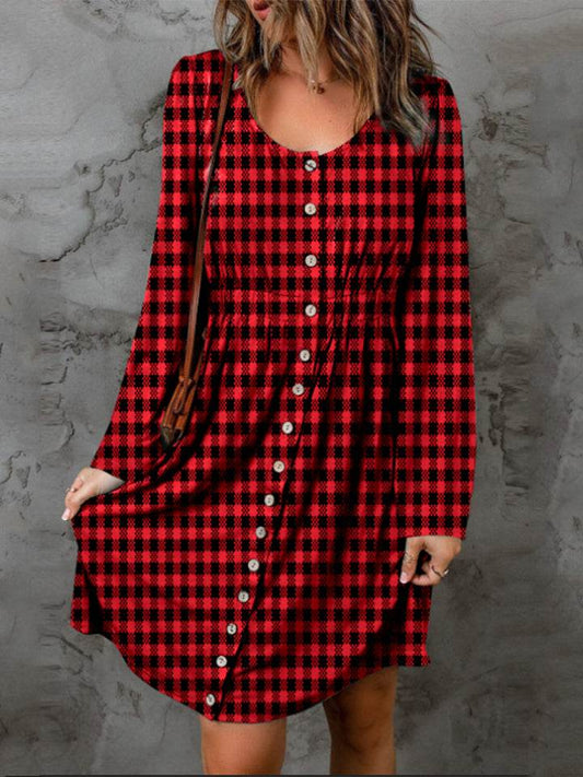 Double Take Full Size Plaid Round Neck Long Sleeve Magic Dress - IntuitiveEncBoutique
