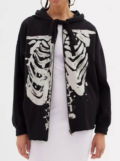 Skeleton Zip Up Drawstring Hoodie - IntuitiveEncBoutique