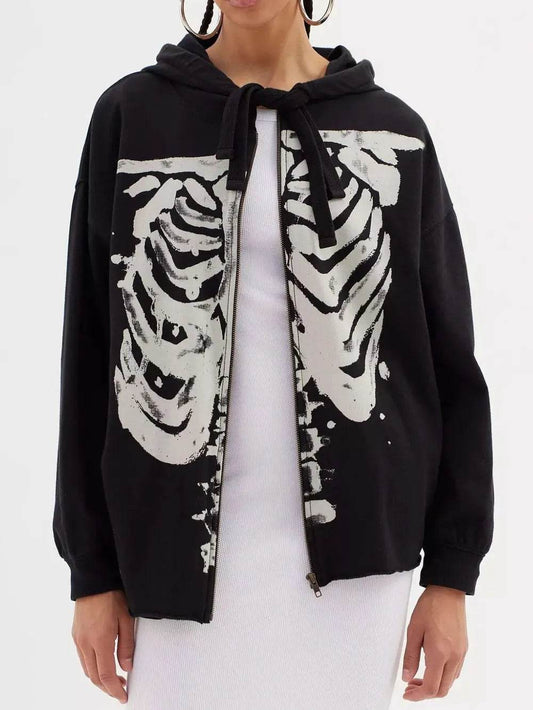 Skeleton Zip Up Drawstring Hoodie - IntuitiveEncBoutique