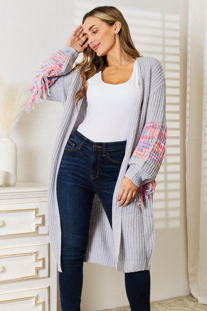 Woven Right Fringe Sleeve Dropped Shoulder Cardigan - IntuitiveEncBoutique