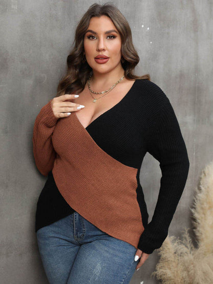 Plus Size Two-Tone Surplice Neck Sweater - IntuitiveEncBoutique