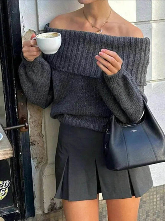 Off-Shoulder Ribbed Long Sleeve Sweater - IntuitiveEncBoutique