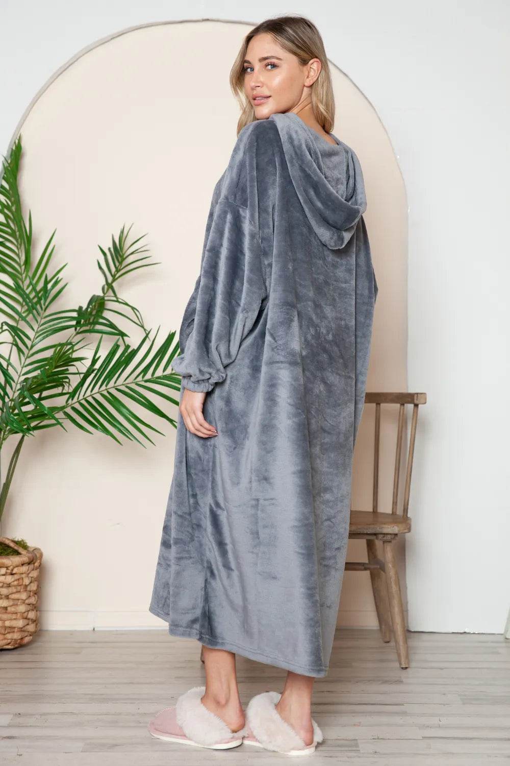 Double Take Full Size Pocketed Hooded Midi Lounge Dress - IntuitiveEncBoutique