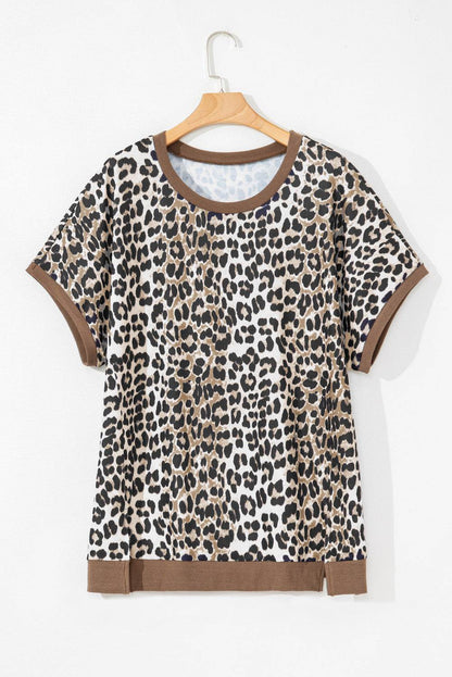 Khaki Leopard Contrast Trim Short Sleeve Loose Plus Size Top - IntuitiveEncBoutique