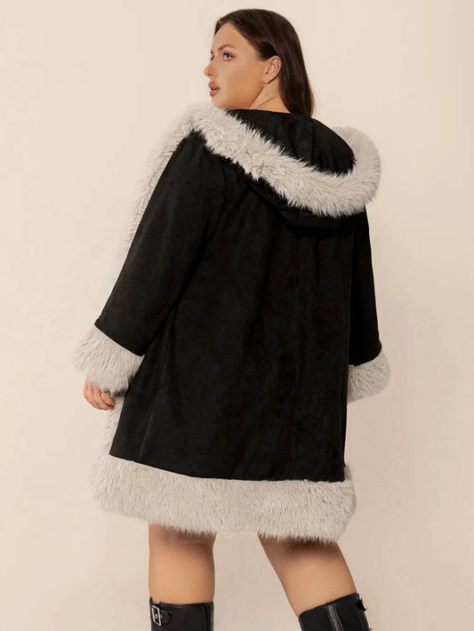 Plus Size Fuzzy Trim Open Front Long Sleeve Hooded Coat - IntuitiveEncBoutique