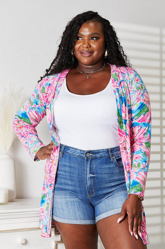 Double Take Floral Open Front Long Sleeve Cardigan - IntuitiveEncBoutique