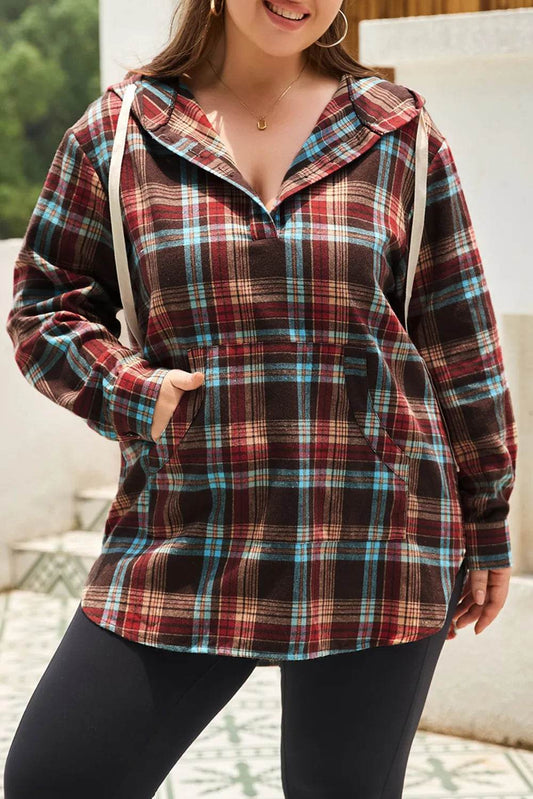 Plus Size Drawstring Plaid Quarter Button Hoodie - IntuitiveEncBoutique