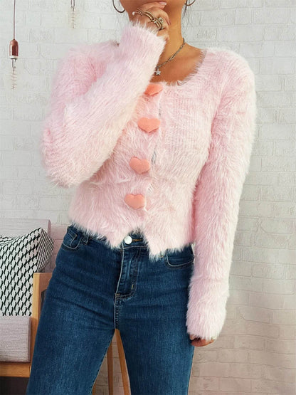 Fuzzy Heart Shape Button-Up Cardigan - IntuitiveEncBoutique