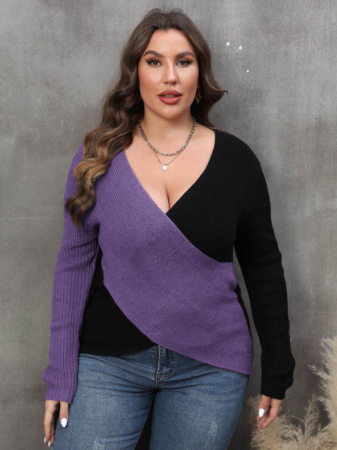 Plus Size Two-Tone Surplice Neck Sweater - IntuitiveEncBoutique
