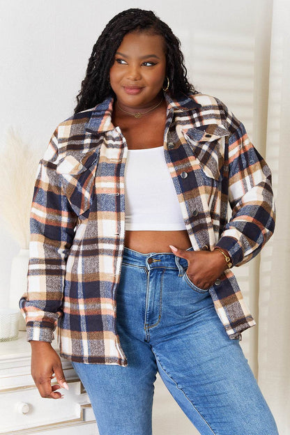 Double Take Plaid Button Front Shirt Jacket with Breast Pockets - IntuitiveEncBoutique