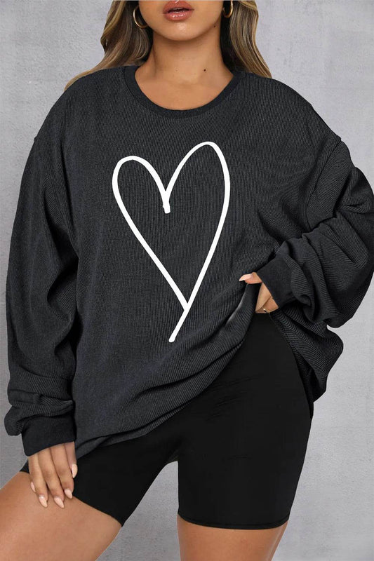 Plus Size Heart Ribbed Round Neck Sweatshirt - IntuitiveEncBoutique