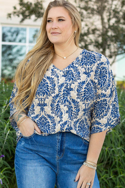 Blue Plus Size Ethnic Printed 3/4 Sleeve V Neck Loose Blouse - IntuitiveEncBoutique
