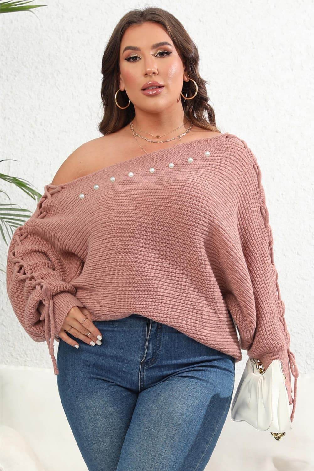 Plus Size One Shoulder Beaded Sweater - IntuitiveEncBoutique