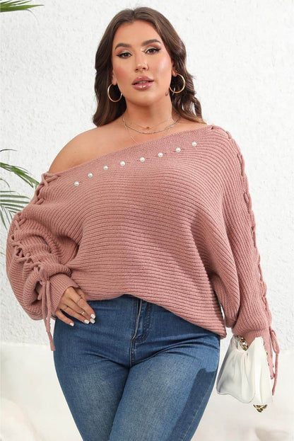 Plus Size One Shoulder Beaded Sweater - IntuitiveEncBoutique