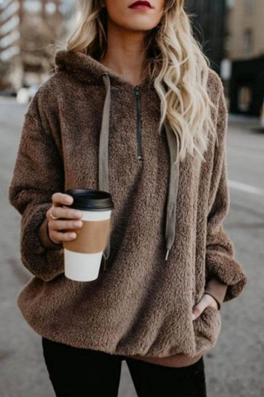 Full Size Quarter-Zip Drawstring Teddy Hoodie - IntuitiveEncBoutique