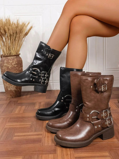 Round Toe Block Heels Boots - IntuitiveEncBoutique