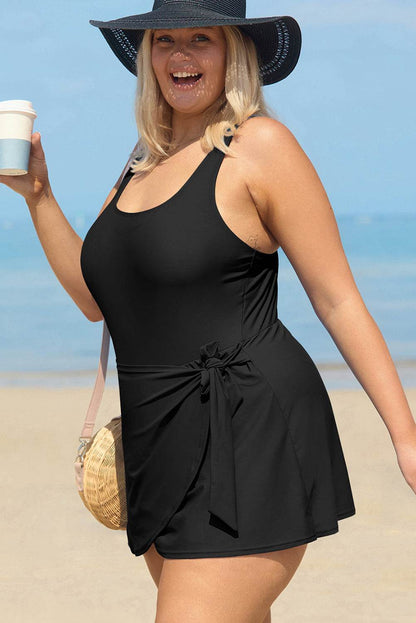 Black Solid Color Square Neck Knotted Plus Size One Piece Swimsuit - IntuitiveEncBoutique