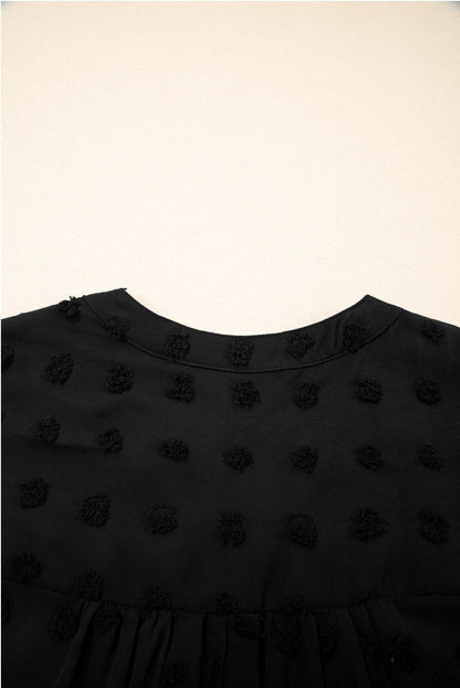 Black Dotty Textured Notched Neck Plus Ruffled Dress - IntuitiveEncBoutique