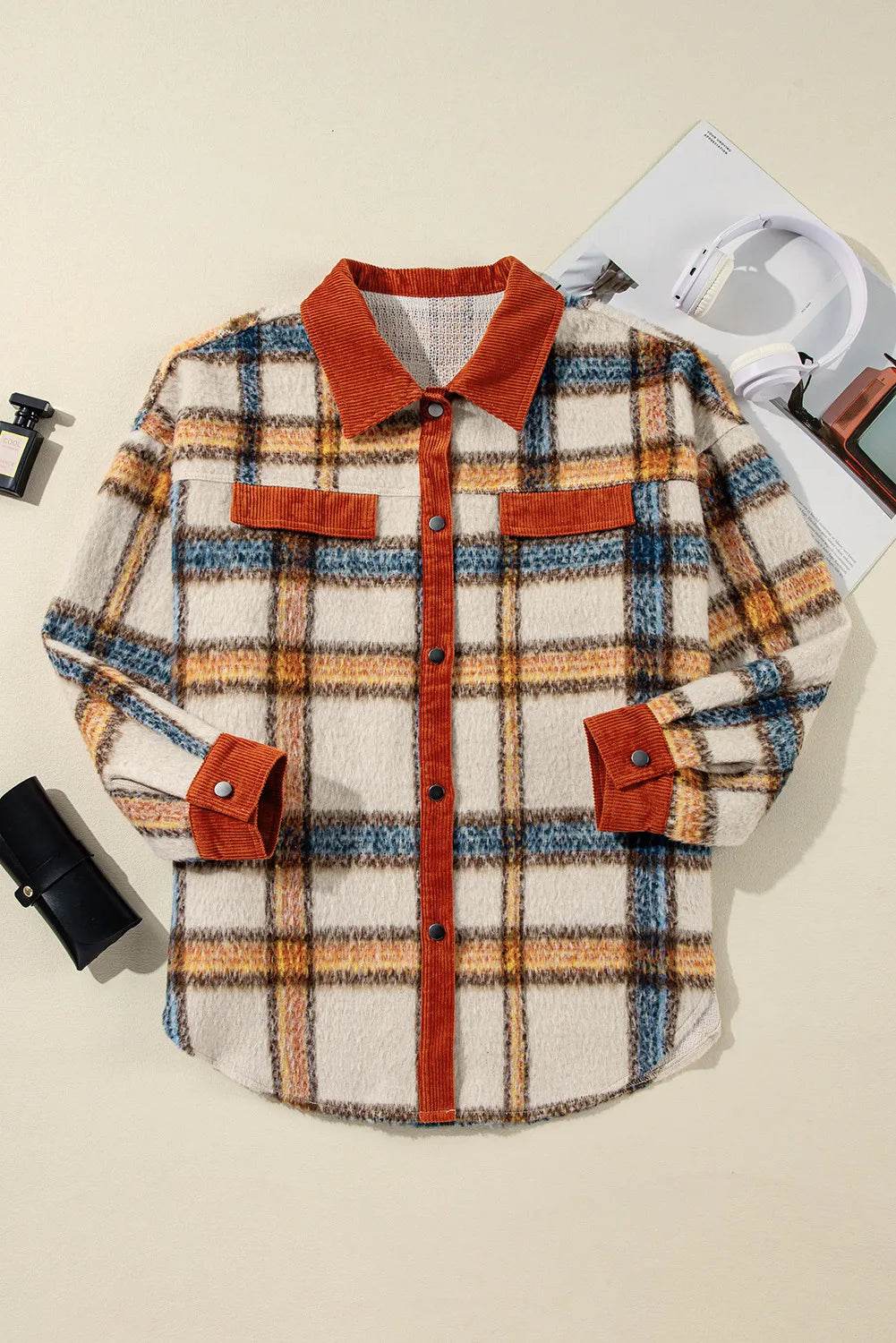 Plus Size Plaid Button Down Jacket - IntuitiveEncBoutique