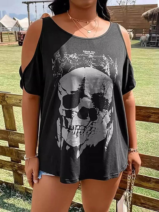 Plus Size Skeleton Graphic Round Neck Cold Shoulder T-Shirt - IntuitiveEncBoutique