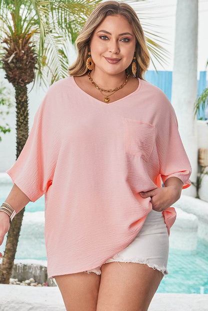 Pink Textured Half Sleeve V Neck Plus Size T Shirt with Chest Pocket - IntuitiveEncBoutique