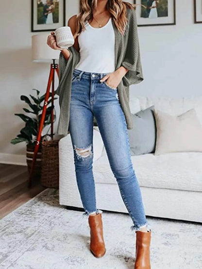 Full Size Open Front Waffle Knit Cardigan Plus Size - IntuitiveEncBoutique