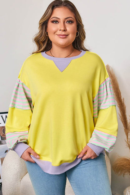 Yellow Striped Color Block Patchwork Crewneck Plus Size Pullover Sweatshirt - IntuitiveEncBoutique
