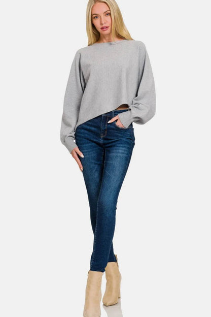 Zenana Asymmetric Hem Long Sleeve Sweater - IntuitiveEncBoutique