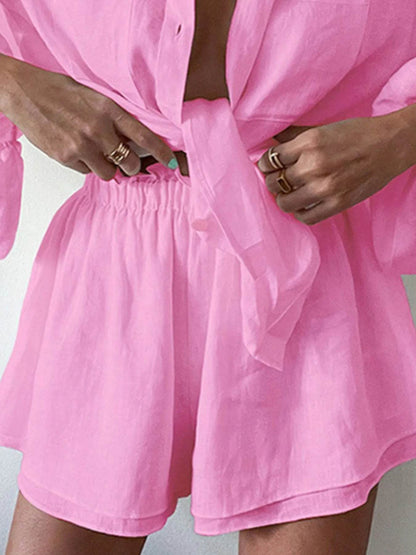Full Size Button Up Balloon Sleeve Top and Shorts Set Plus Size - IntuitiveEncBoutique