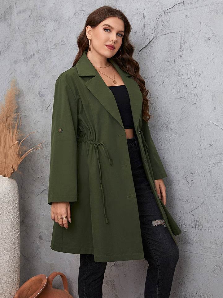 Honey Plus Size Lapel Collar Roll-Tab Sleeve Trench Coat - IntuitiveEncBoutique