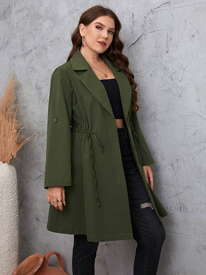 Honey Plus Size Lapel Collar Roll-Tab Sleeve Trench Coat - IntuitiveEncBoutique