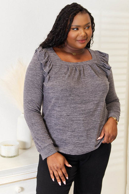 Double Take Square Neck Ruffle Shoulder Long Sleeve T-Shirt - IntuitiveEncBoutique