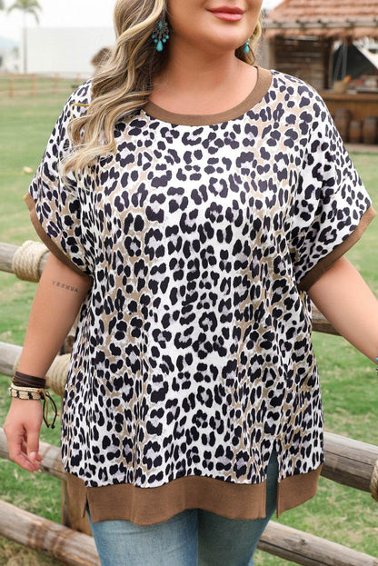Khaki Leopard Contrast Trim Short Sleeve Loose Plus Size Top - IntuitiveEncBoutique