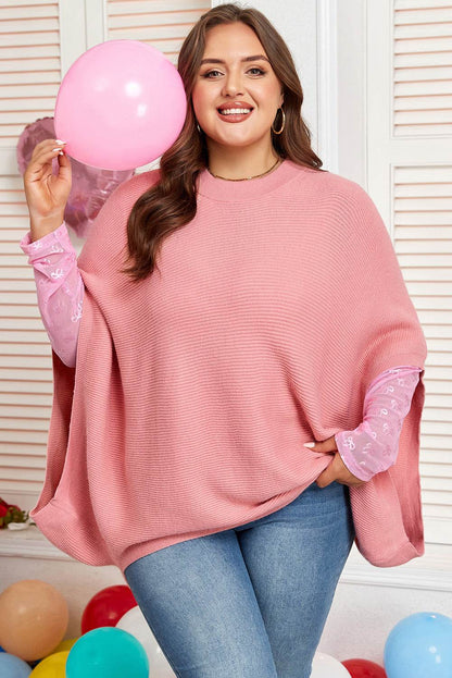 Light Pink Ribbed Knit Half Sleeve Plus Size Poncho Style Sweater - IntuitiveEncBoutique