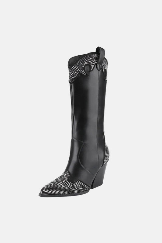 Weeboo Chunky Heel Rhinestone Decor Western Boots - IntuitiveEncBoutique