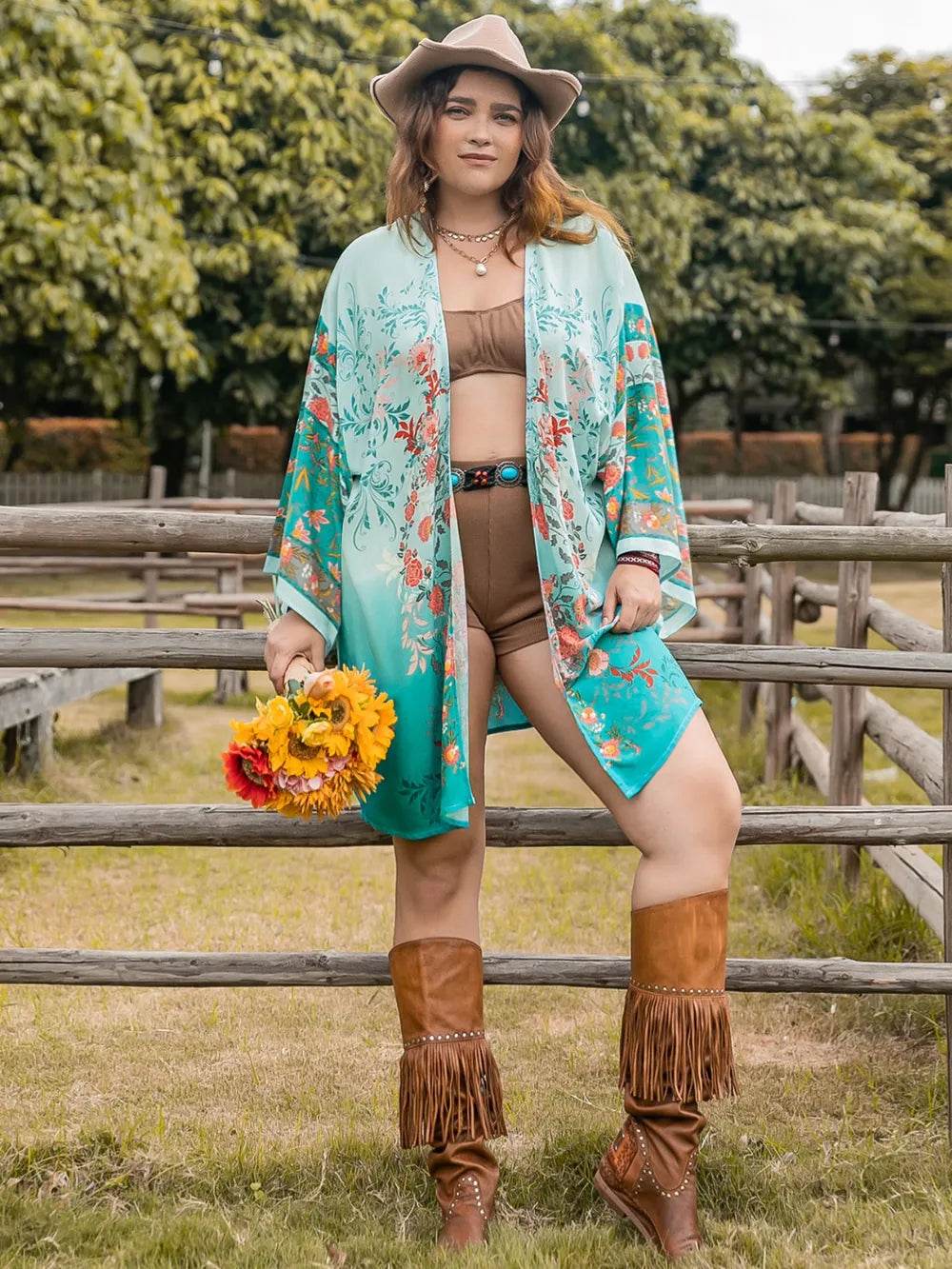 Plus Size Printed Open Front Long Sleeve Cover Up - IntuitiveEncBoutique