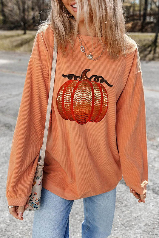 Sequin Pumpkin Round Neck Long Sleeve Sweatshirt - IntuitiveEncBoutique
